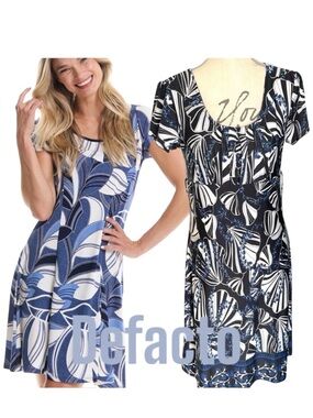 DeFacto Black/White/Blue Floral Scoop Neck Short Sleeve Below Knee Dress (L)